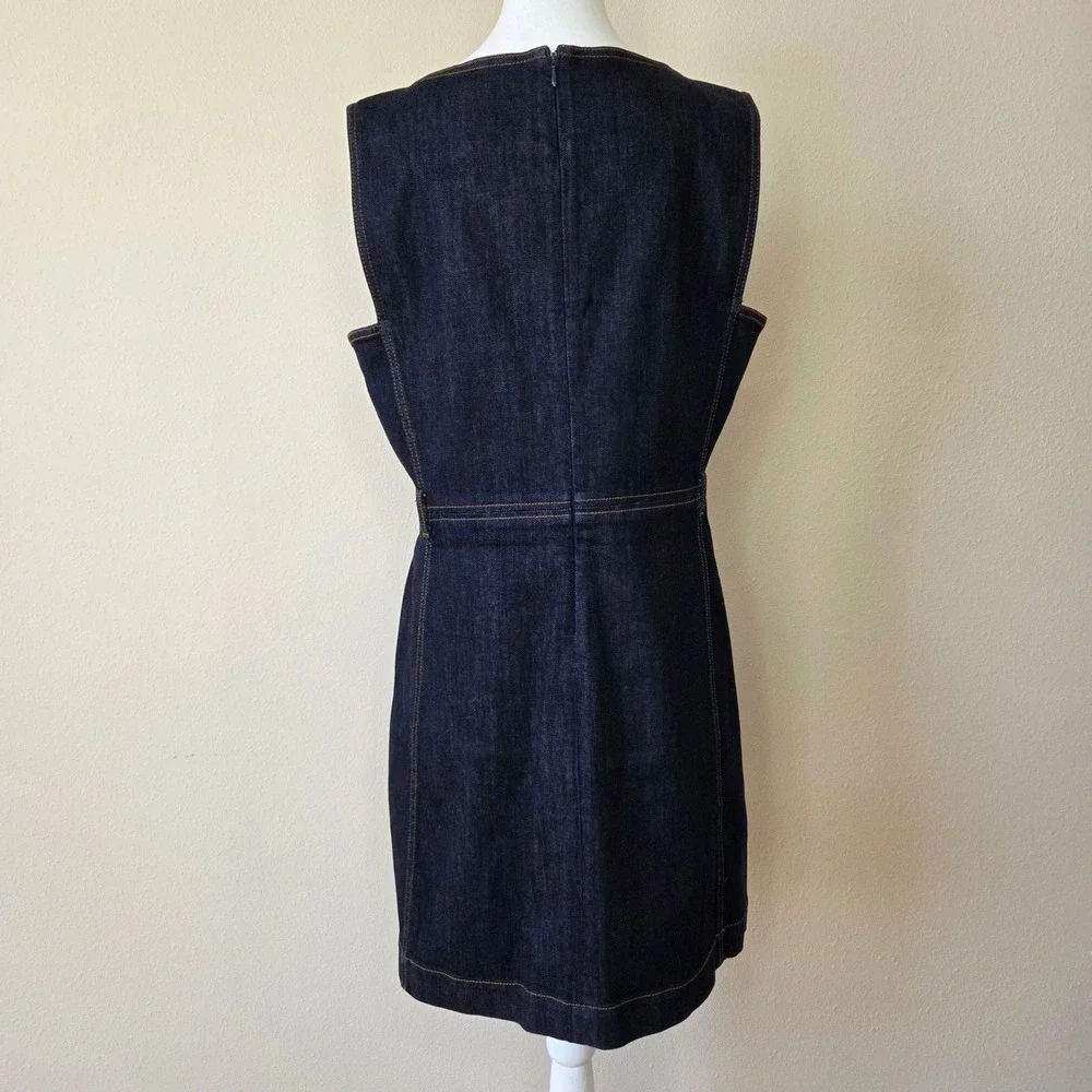 Tory Burch Dark Wash Denim Sleeveless Shift Dress Pockets Gold Ring Zip 14